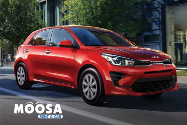 2019 Kia Rio Hatchback available for rent in Dubai, showcasing its sleek design and urban appeal.